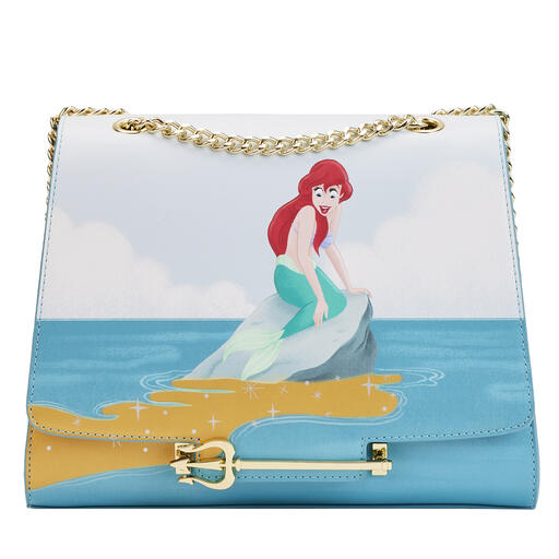 Crossbody bag featuring Ariel sitting on a rock on the front, while on the back, King Triton sends gold magic toward her to turn her into a human.